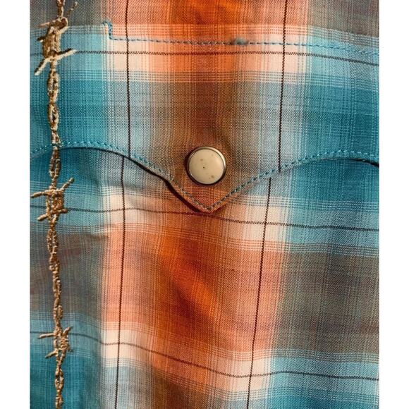 Western Shirt Large Pearl Snap Cowboy Rodeo Orange Blue Plaid Panhandle Slim - Picture 11 of 11